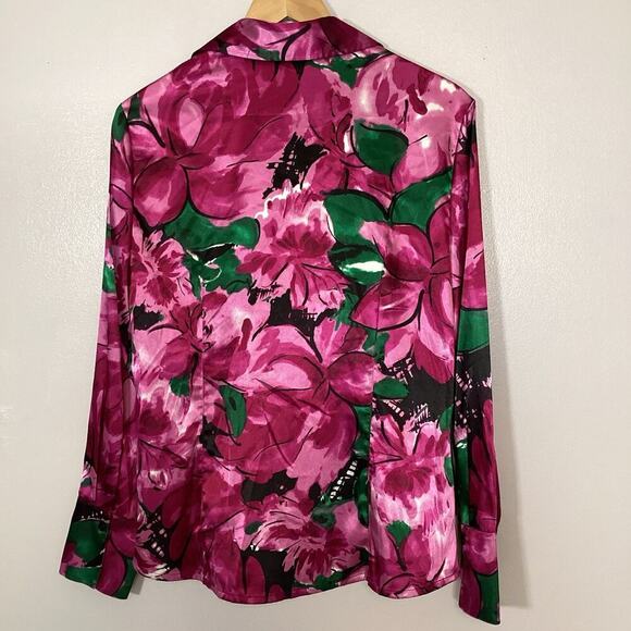 Ann Taylor Fuchsia Pink Floral Printed Blouse Silky V Neck Twist Front 14 - Picture 5 of 7